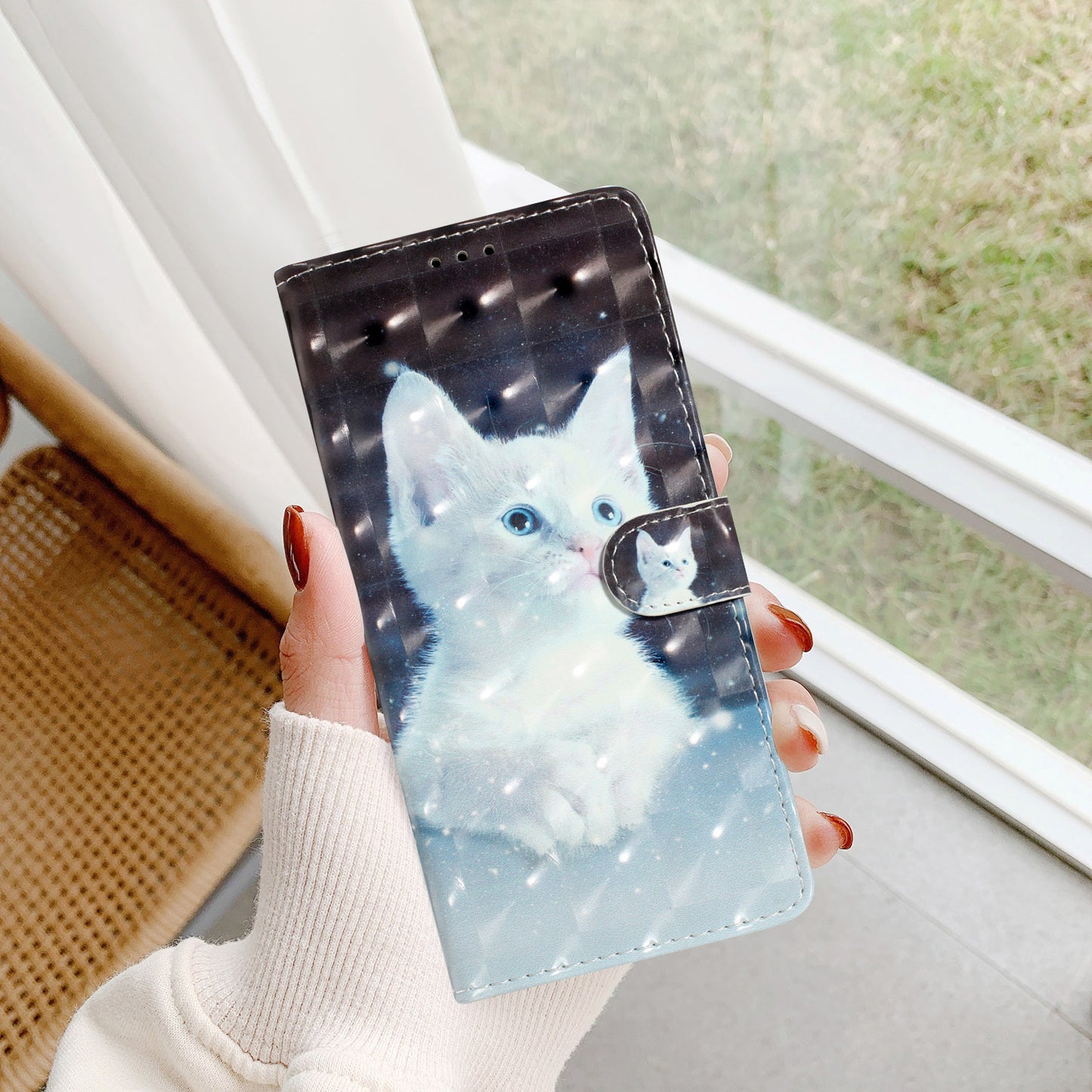 For Samsung Galaxy A06 Case PU Leather 3D Pattern Printing Wallet Phone Cover - White Cat