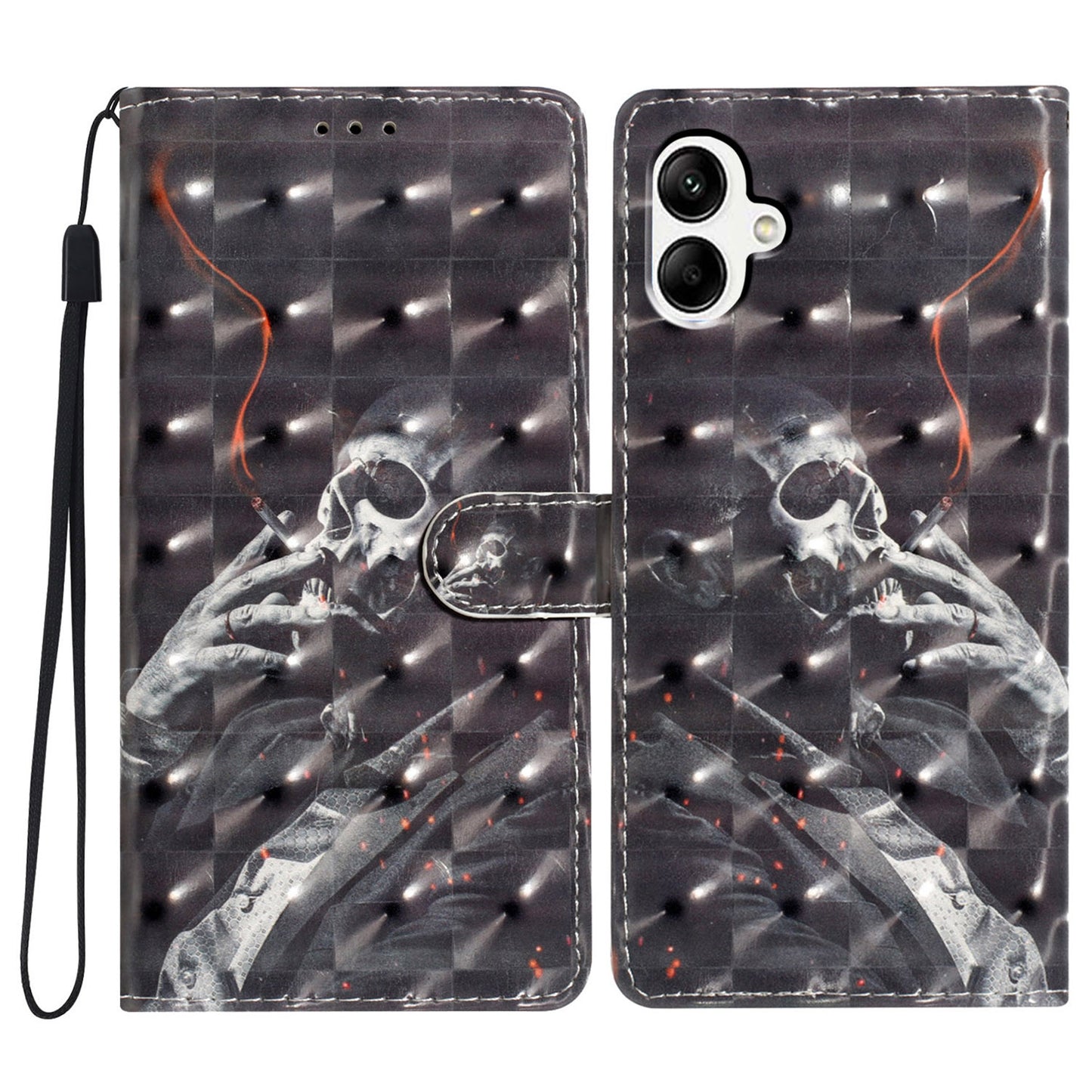 For Samsung Galaxy A06 Case PU Leather 3D Pattern Printing Wallet Phone Cover - Smoking Skeleton