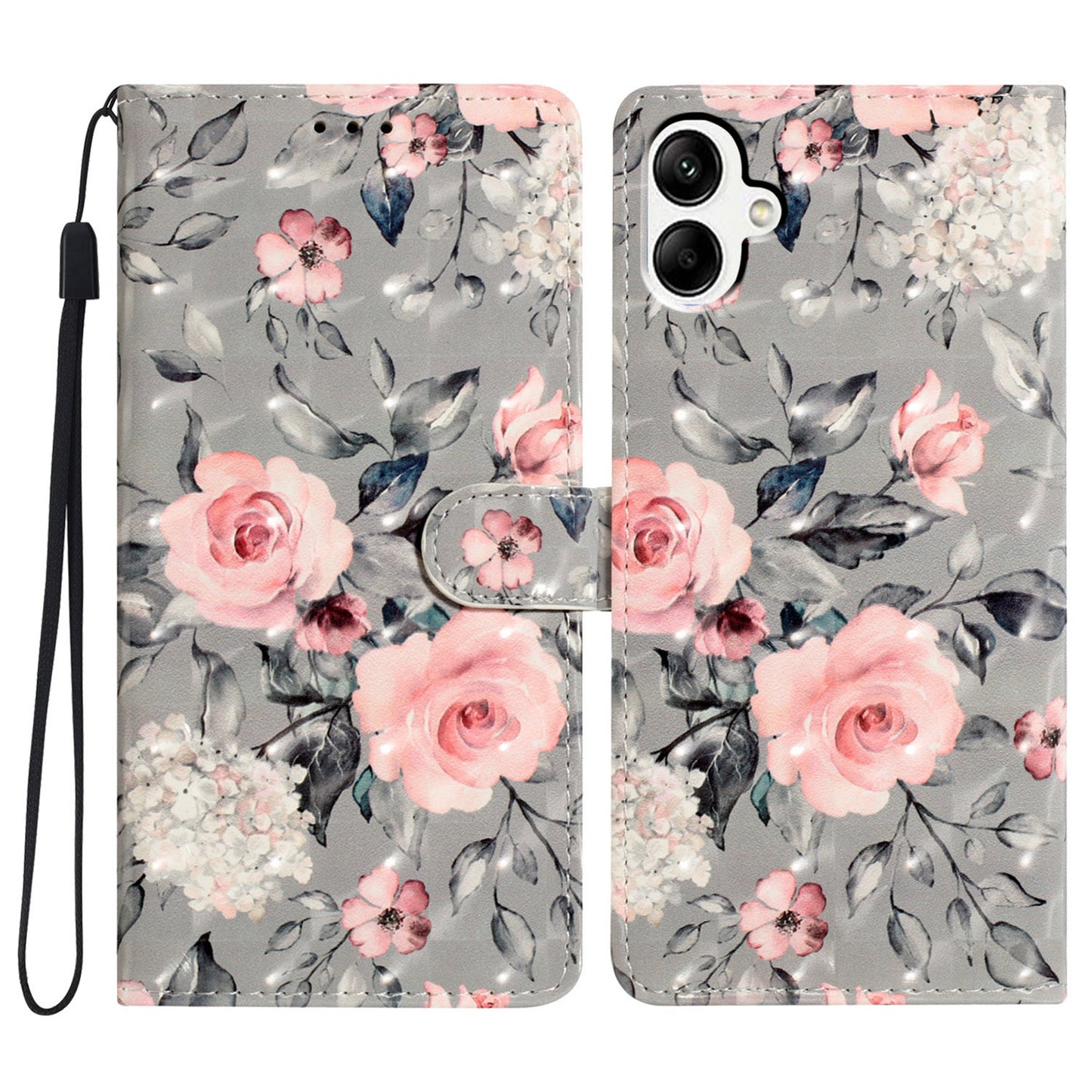 For Samsung Galaxy A06 Case PU Leather 3D Pattern Printing Wallet Phone Cover - Flowers