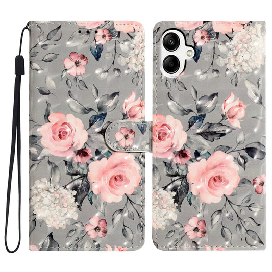 For Samsung Galaxy A06 Case PU Leather 3D Pattern Printing Wallet Phone Cover - Flowers