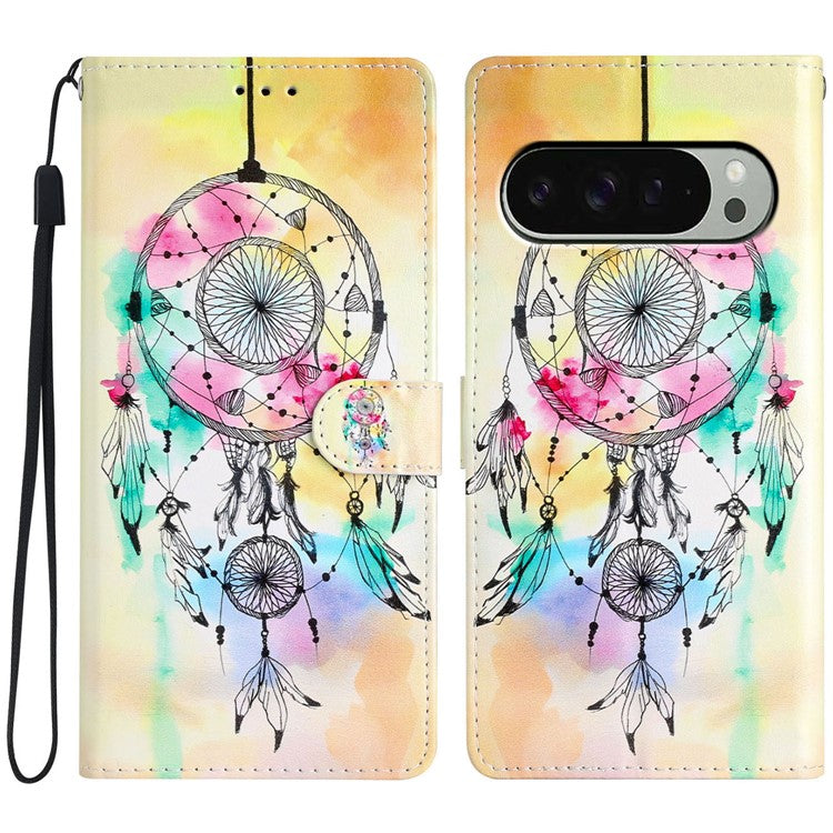 For Google Pixel 9 / 9 Pro Wallet Case PU Leather Pattern Printing Stand Phone Cover with Strap - Wind Chime