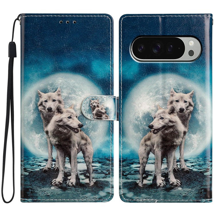 For Google Pixel 9 / 9 Pro Wallet Case PU Leather Pattern Printing Stand Phone Cover with Strap - Two Wolves