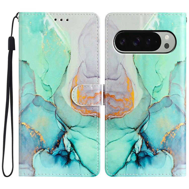For Google Pixel 9 / 9 Pro Wallet Case PU Leather Pattern Printing Stand Phone Cover with Strap - Green Marble