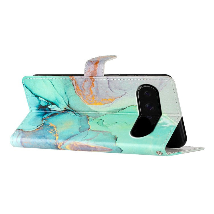 For Google Pixel 9 / 9 Pro Wallet Case PU Leather Pattern Printing Stand Phone Cover with Strap - Green Marble