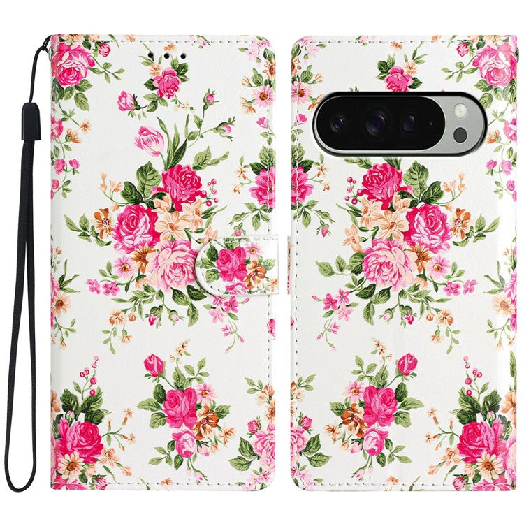 For Google Pixel 9 / 9 Pro Wallet Case PU Leather Pattern Printing Stand Phone Cover with Strap - Red Flowers