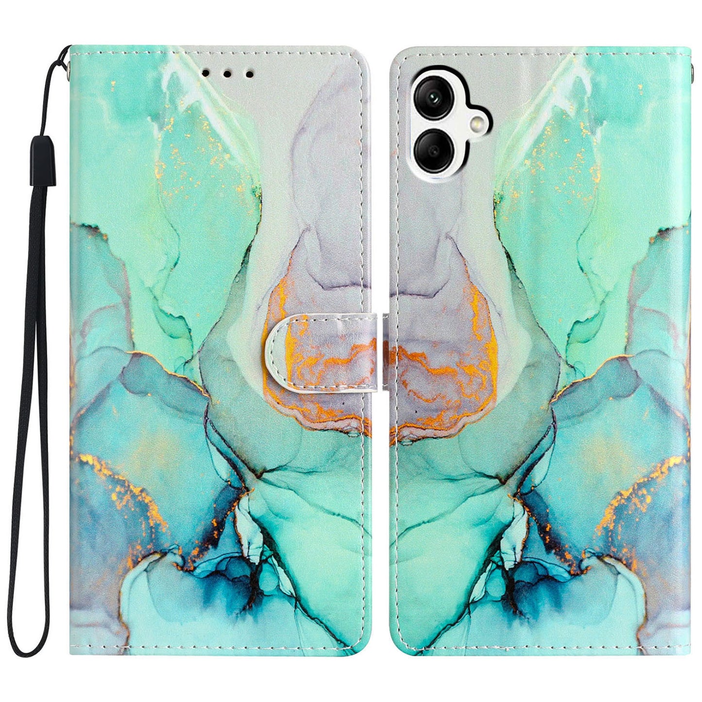For Samsung Galaxy A06 Wallet Case PU Leather Pattern Printing Stand Phone Cover with Strap - Green Marble