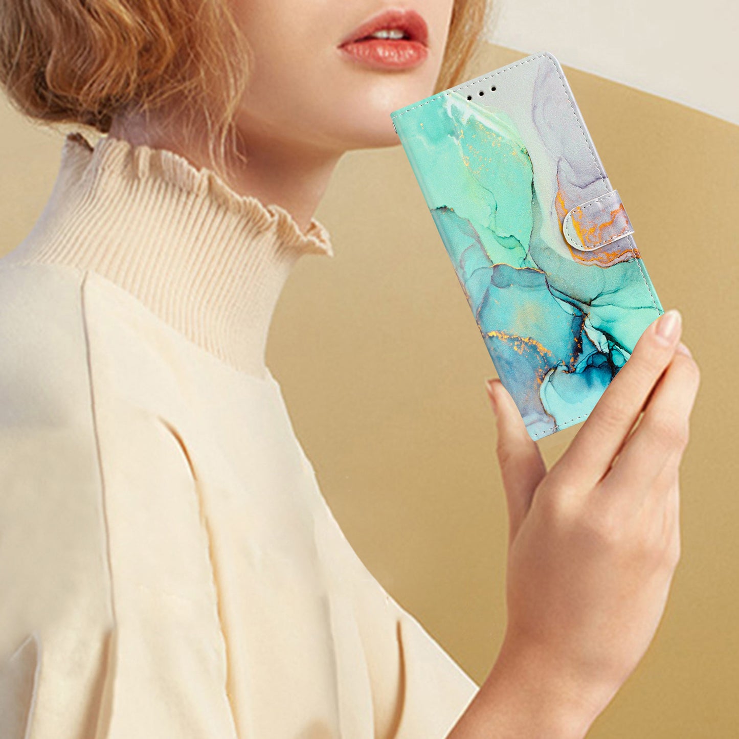 For Samsung Galaxy A06 Wallet Case PU Leather Pattern Printing Stand Phone Cover with Strap - Green Marble