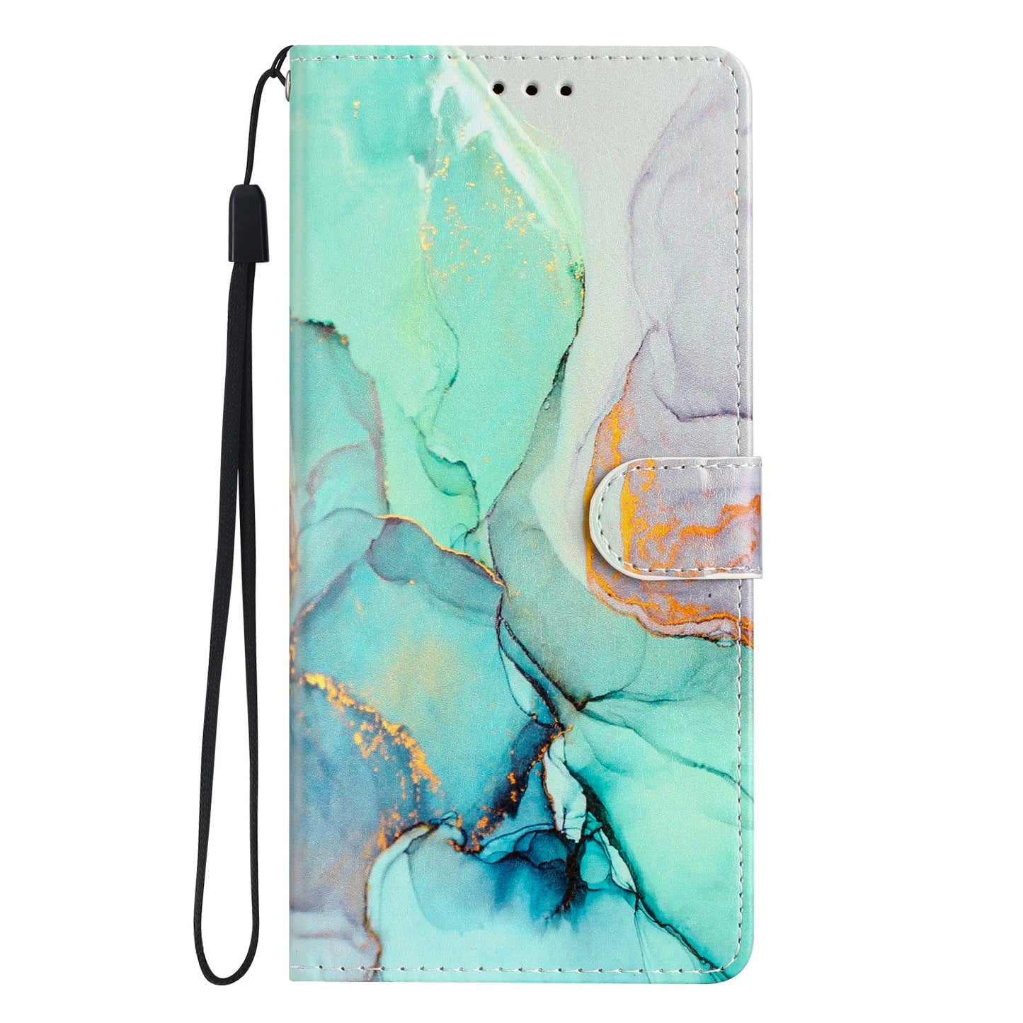 For Samsung Galaxy A06 Wallet Case PU Leather Pattern Printing Stand Phone Cover with Strap - Green Marble
