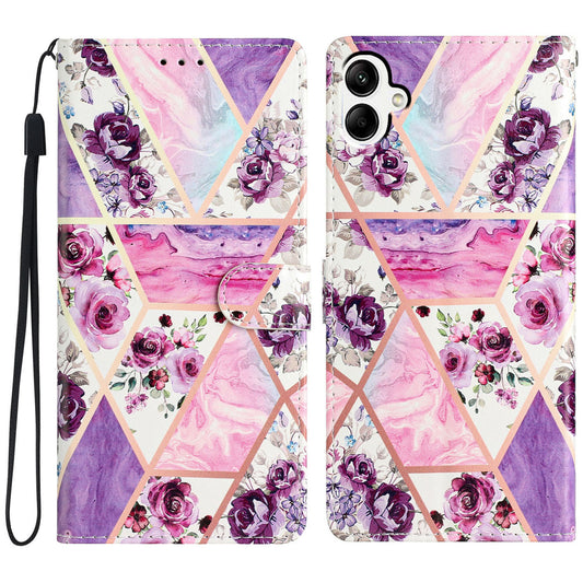 For Samsung Galaxy A06 Wallet Case PU Leather Pattern Printing Stand Phone Cover with Strap - Purple Flowers