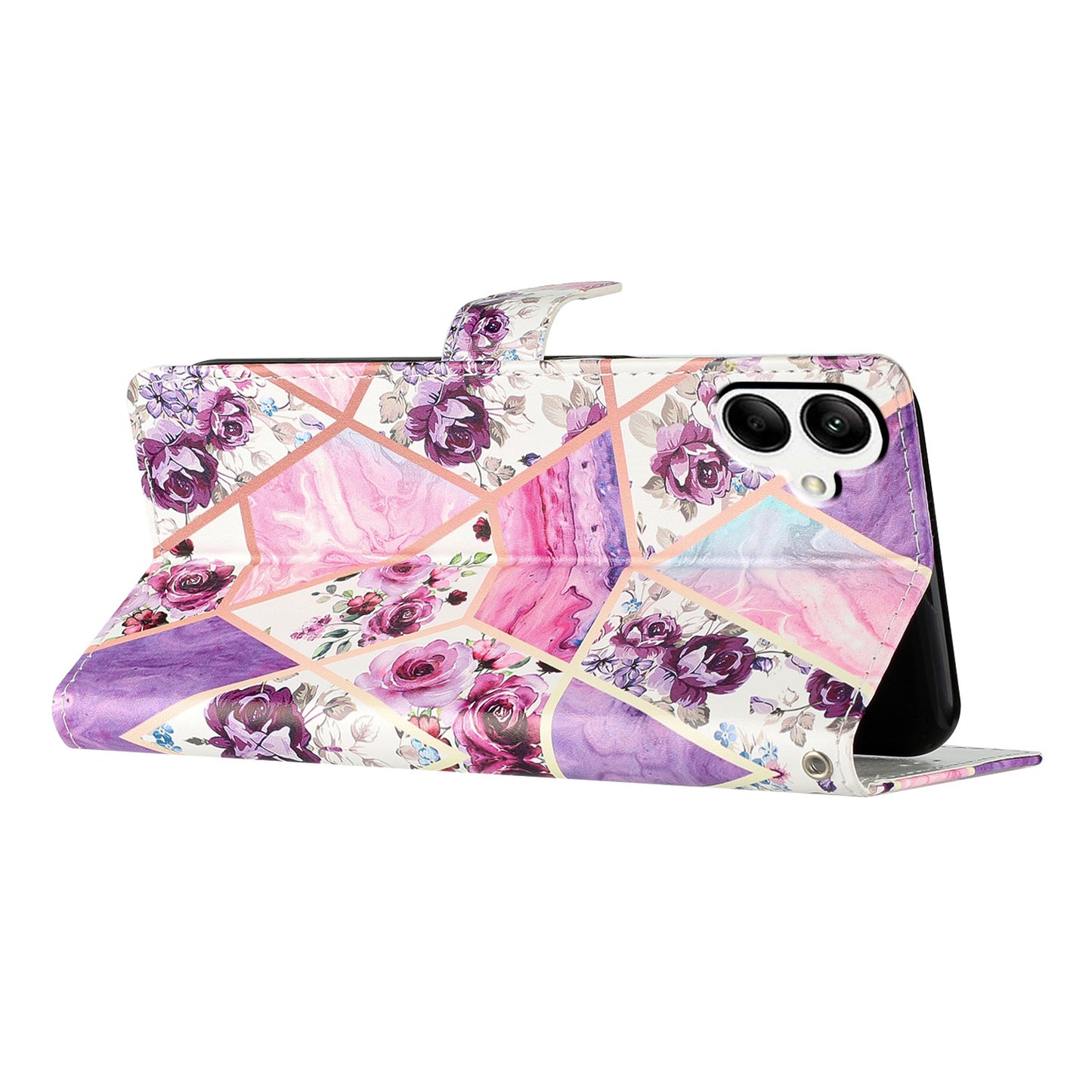 For Samsung Galaxy A06 Wallet Case PU Leather Pattern Printing Stand Phone Cover with Strap - Purple Flowers