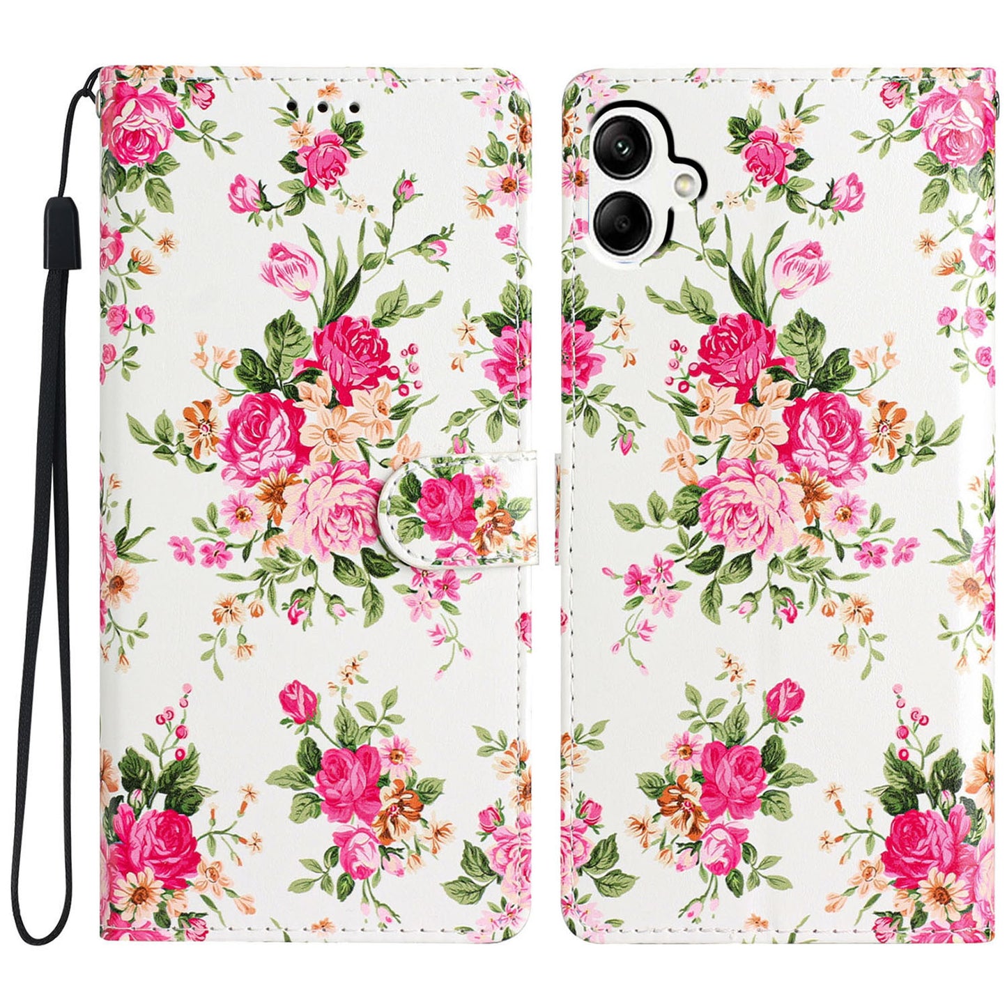 For Samsung Galaxy A06 Wallet Case PU Leather Pattern Printing Stand Phone Cover with Strap - Red Flowers