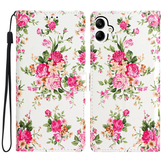 For Samsung Galaxy A06 Wallet Case PU Leather Pattern Printing Stand Phone Cover with Strap - Red Flowers
