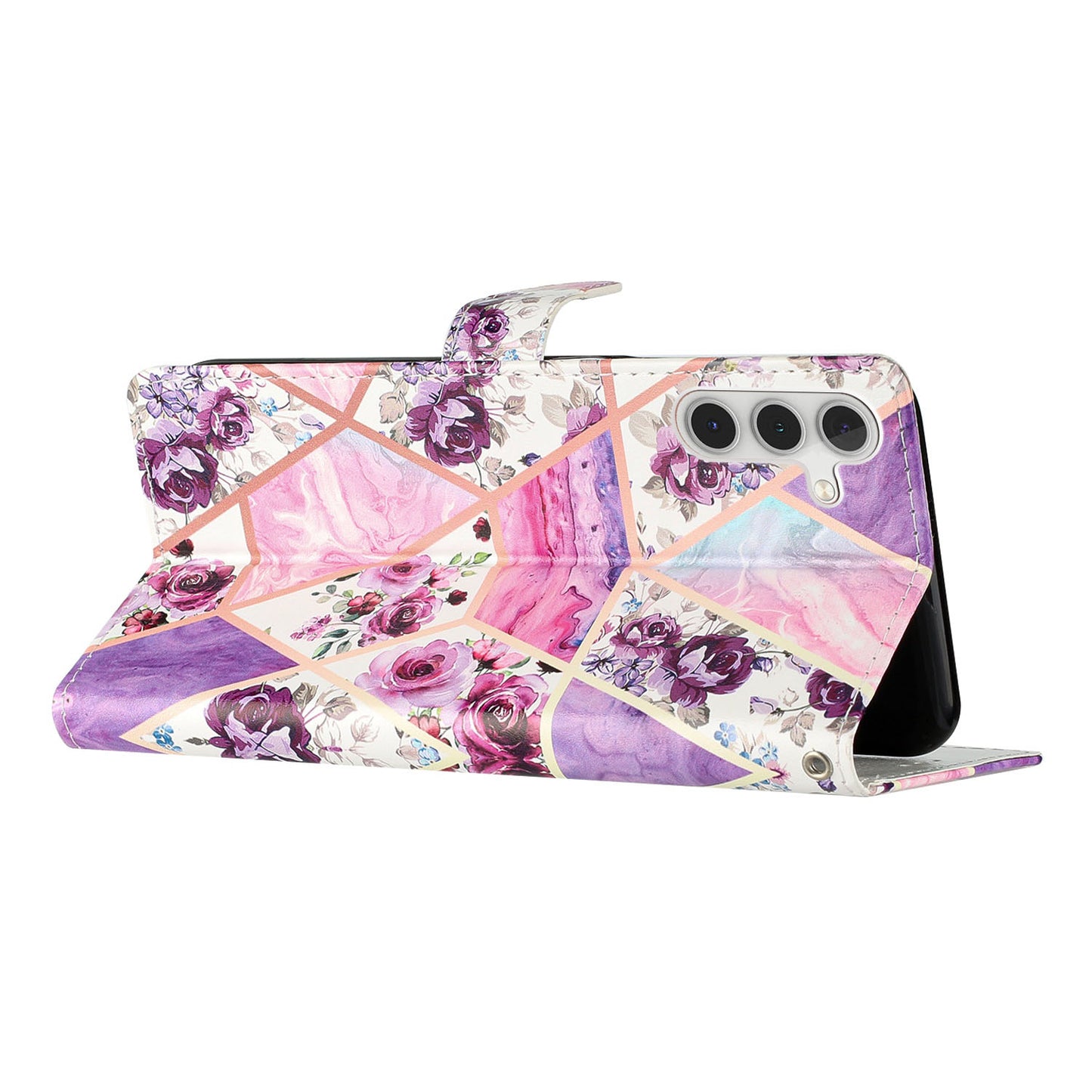 For Samsung Galaxy A16 5G / A16 4G Wallet Case PU Leather Pattern Printing Stand Phone Cover with Strap - Purple Flowers