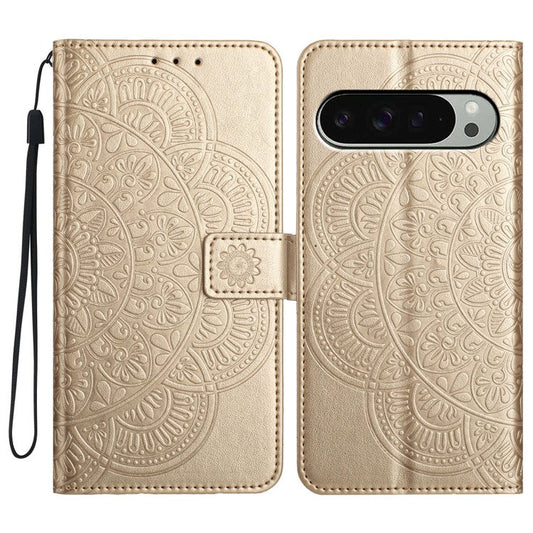 For Google Pixel 9 Pro  /  Pixel 9 Leather Case with Card Slots Mandala Pattern Phone Cover Stand - Gold