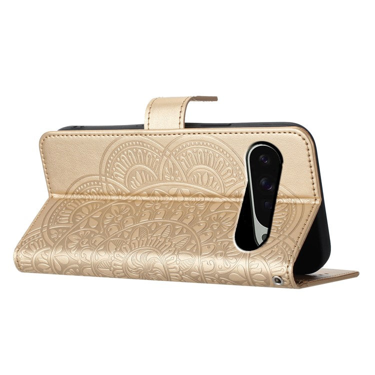 For Google Pixel 9 Pro  /  Pixel 9 Leather Case with Card Slots Mandala Pattern Phone Cover Stand - Gold