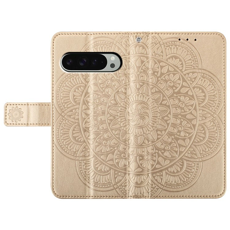 For Google Pixel 9 Pro  /  Pixel 9 Leather Case with Card Slots Mandala Pattern Phone Cover Stand - Gold