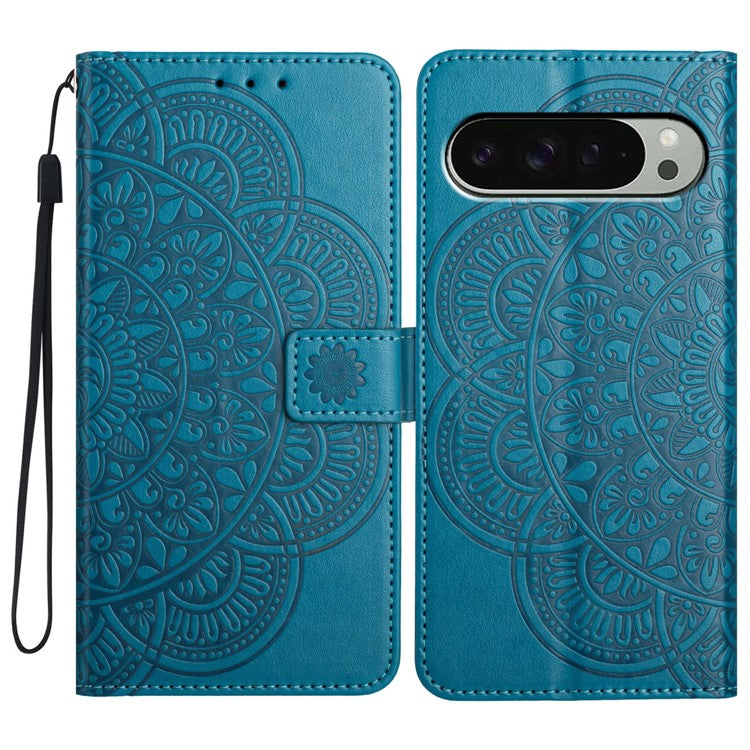 For Google Pixel 9 Pro  /  Pixel 9 Leather Case with Card Slots Mandala Pattern Phone Cover Stand - Blue