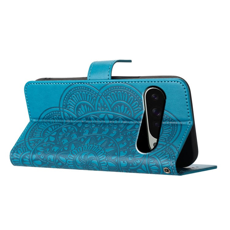 For Google Pixel 9 Pro  /  Pixel 9 Leather Case with Card Slots Mandala Pattern Phone Cover Stand - Blue