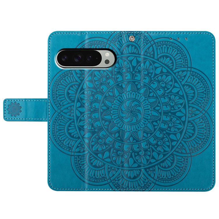 For Google Pixel 9 Pro  /  Pixel 9 Leather Case with Card Slots Mandala Pattern Phone Cover Stand - Blue