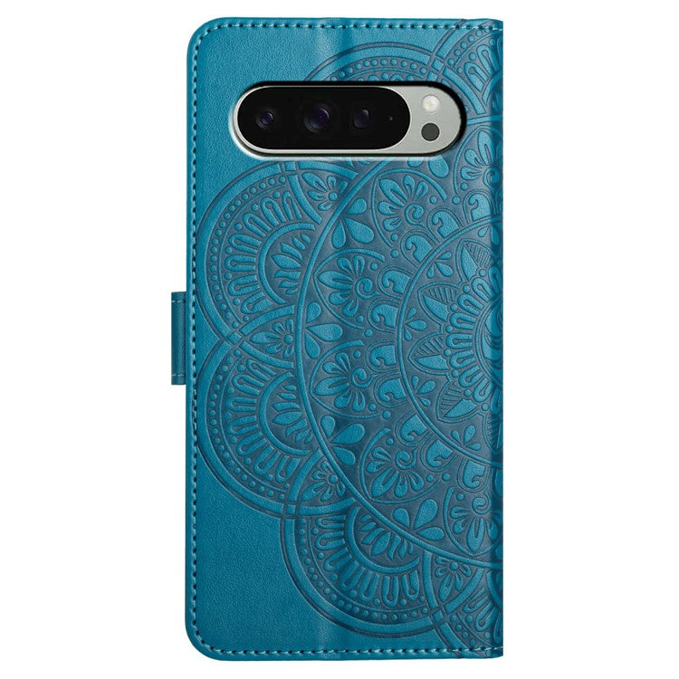 For Google Pixel 9 Pro  /  Pixel 9 Leather Case with Card Slots Mandala Pattern Phone Cover Stand - Blue
