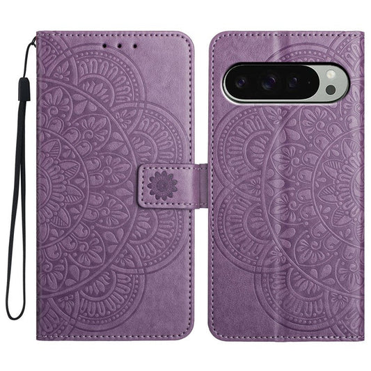 For Google Pixel 9 Pro  /  Pixel 9 Leather Case with Card Slots Mandala Pattern Phone Cover Stand - Purple
