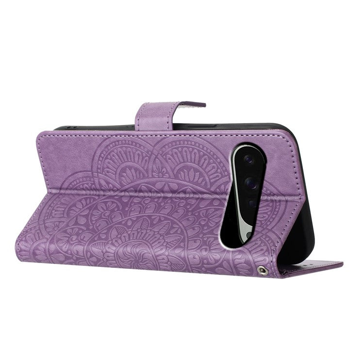 For Google Pixel 9 Pro  /  Pixel 9 Leather Case with Card Slots Mandala Pattern Phone Cover Stand - Purple