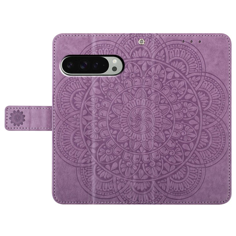 For Google Pixel 9 Pro  /  Pixel 9 Leather Case with Card Slots Mandala Pattern Phone Cover Stand - Purple