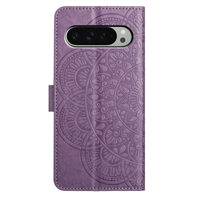 For Google Pixel 9 Pro  /  Pixel 9 Leather Case with Card Slots Mandala Pattern Phone Cover Stand - Purple