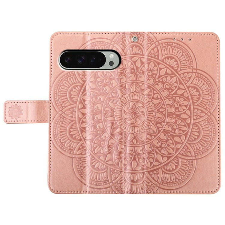 For Google Pixel 9 Pro  /  Pixel 9 Leather Case with Card Slots Mandala Pattern Phone Cover Stand - Rose Gold