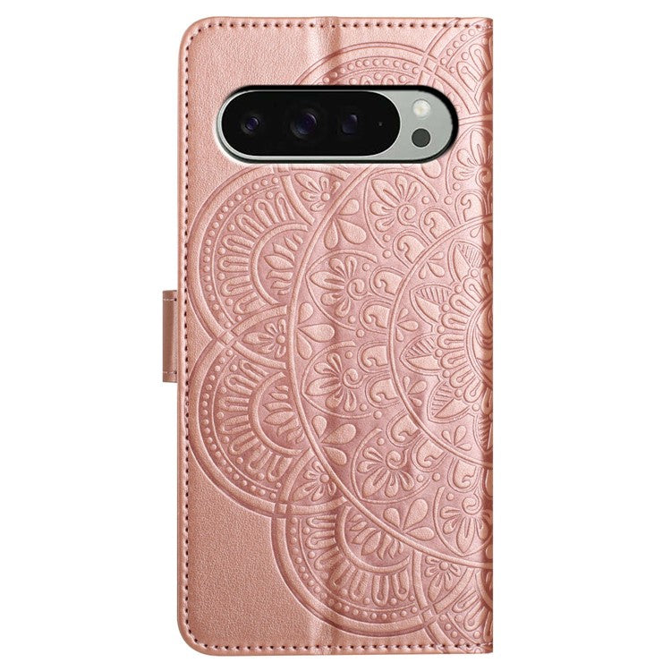 For Google Pixel 9 Pro  /  Pixel 9 Leather Case with Card Slots Mandala Pattern Phone Cover Stand - Rose Gold