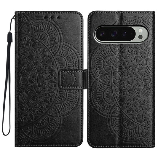 For Google Pixel 9 Pro  /  Pixel 9 Leather Case with Card Slots Mandala Pattern Phone Cover Stand - Black
