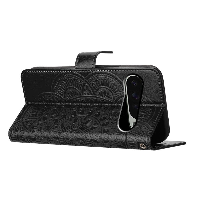 For Google Pixel 9 Pro  /  Pixel 9 Leather Case with Card Slots Mandala Pattern Phone Cover Stand - Black