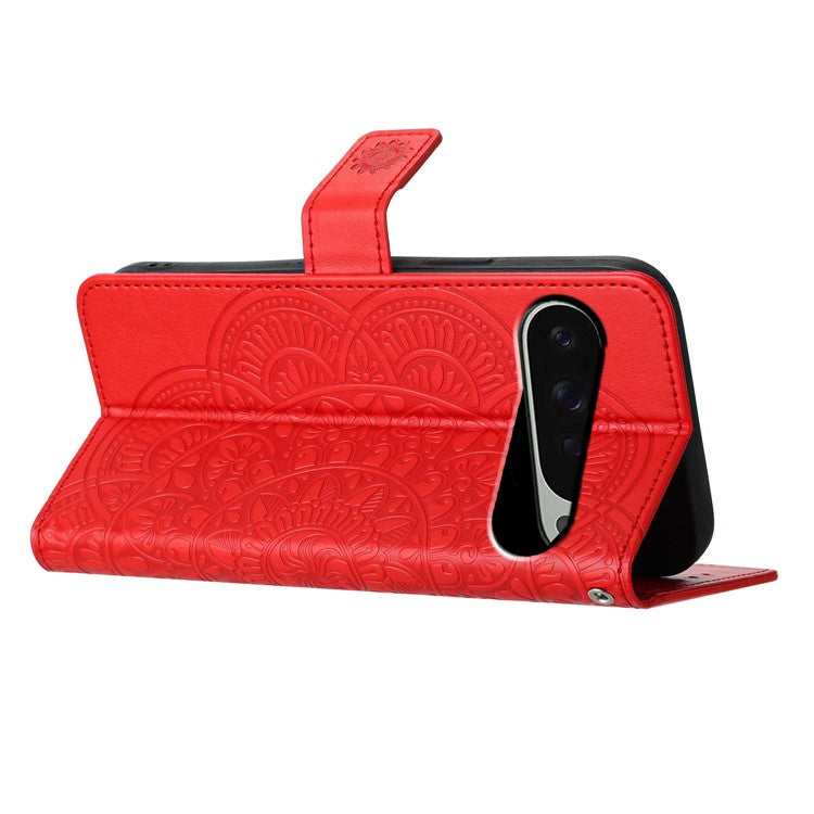 For Google Pixel 9 Pro  /  Pixel 9 Leather Case with Card Slots Mandala Pattern Phone Cover Stand - Red