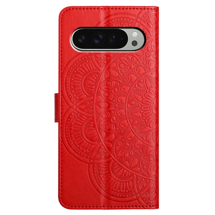 For Google Pixel 9 Pro  /  Pixel 9 Leather Case with Card Slots Mandala Pattern Phone Cover Stand - Red