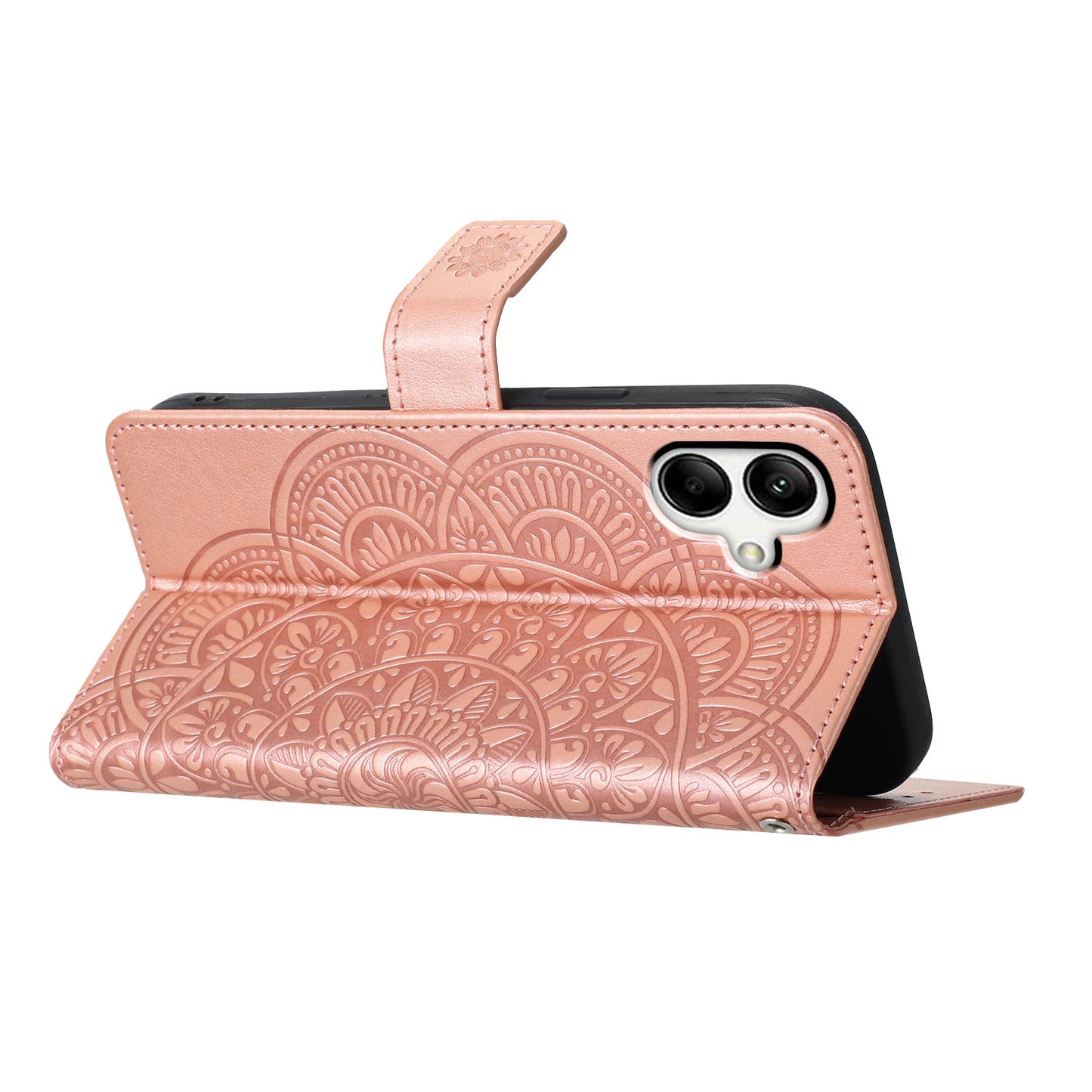 For Samsung Galaxy A06 Leather Case with Card Slots Mandala Pattern Phone Cover Stand - Rose Gold