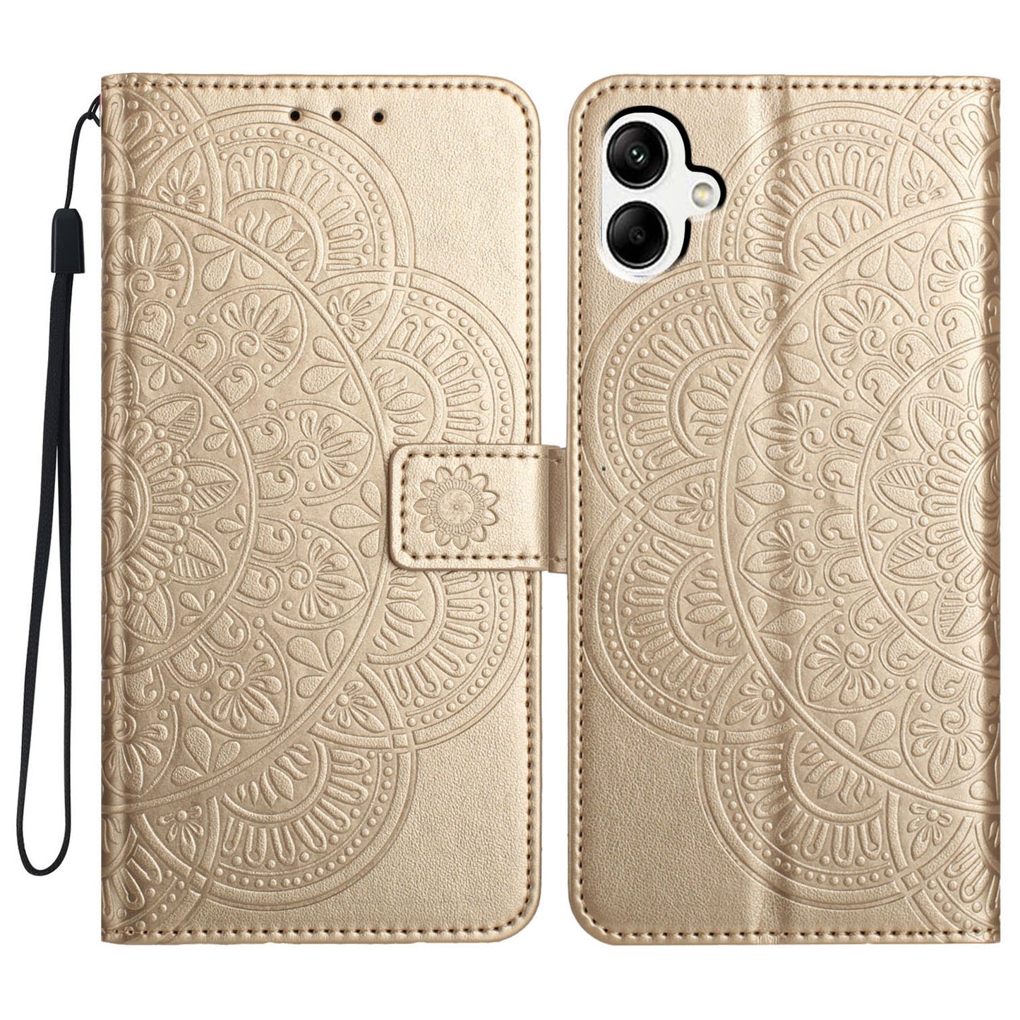 For Samsung Galaxy A06 Leather Case with Card Slots Mandala Pattern Phone Cover Stand - Gold