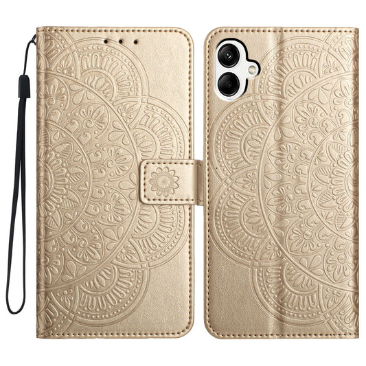 For Samsung Galaxy A06 Leather Case with Card Slots Mandala Pattern Phone Cover Stand - Gold