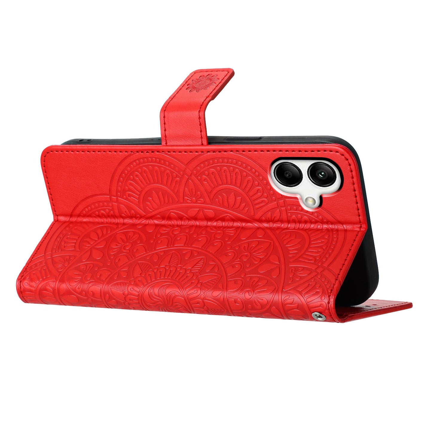 For Samsung Galaxy A06 Leather Case with Card Slots Mandala Pattern Phone Cover Stand - Red