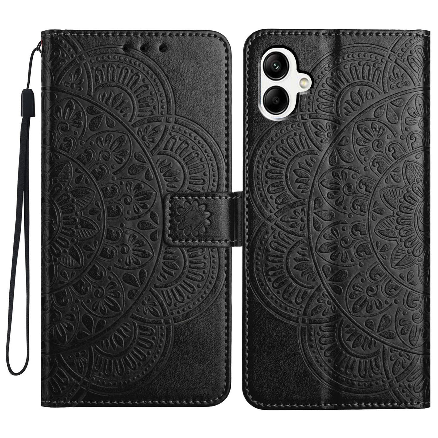 For Samsung Galaxy A06 Leather Case with Card Slots Mandala Pattern Phone Cover Stand - Black