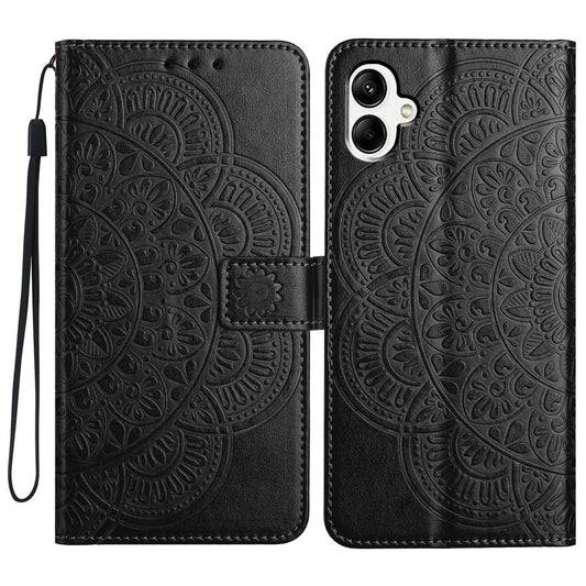 For Samsung Galaxy A06 Leather Case with Card Slots Mandala Pattern Phone Cover Stand - Black
