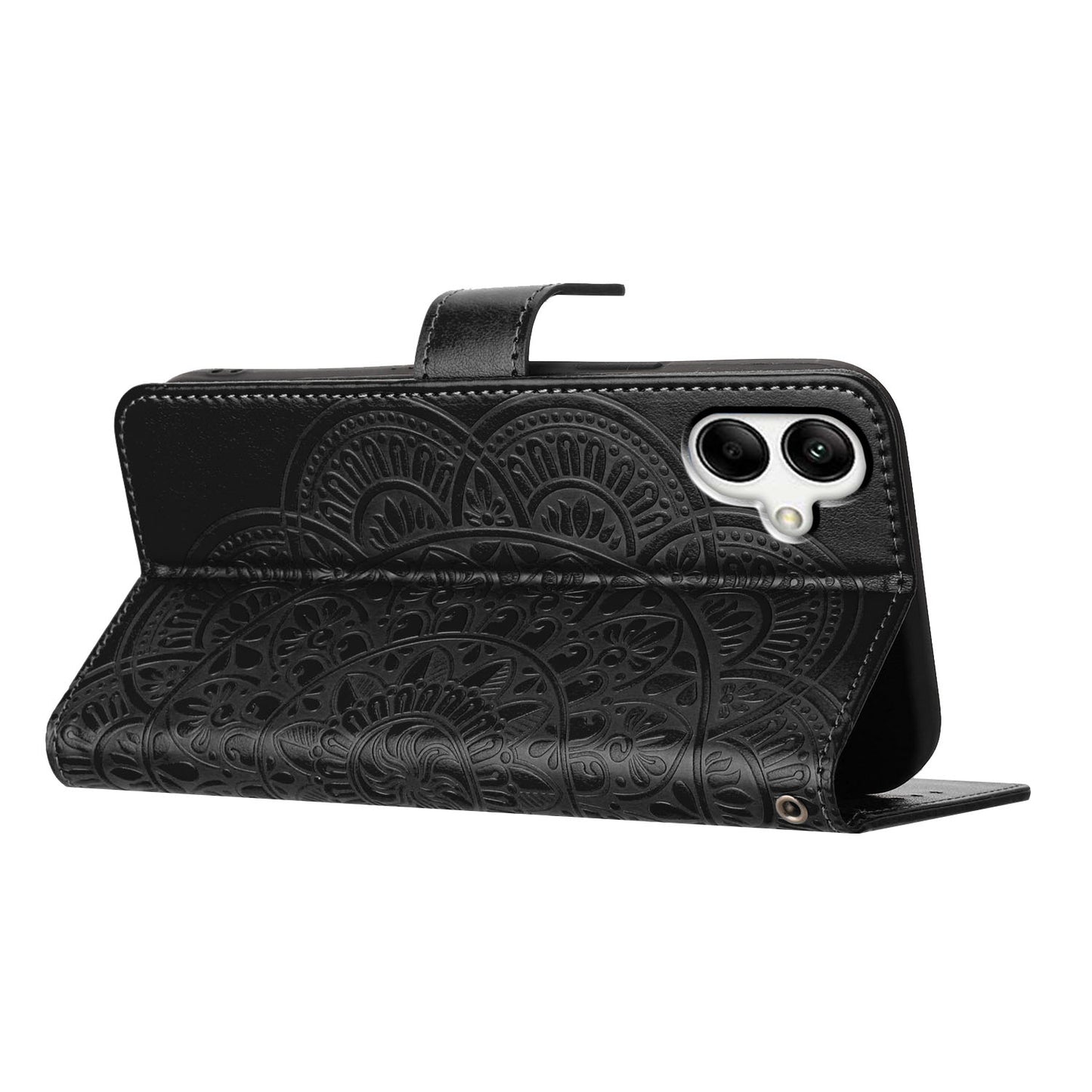 For Samsung Galaxy A06 Leather Case with Card Slots Mandala Pattern Phone Cover Stand - Black