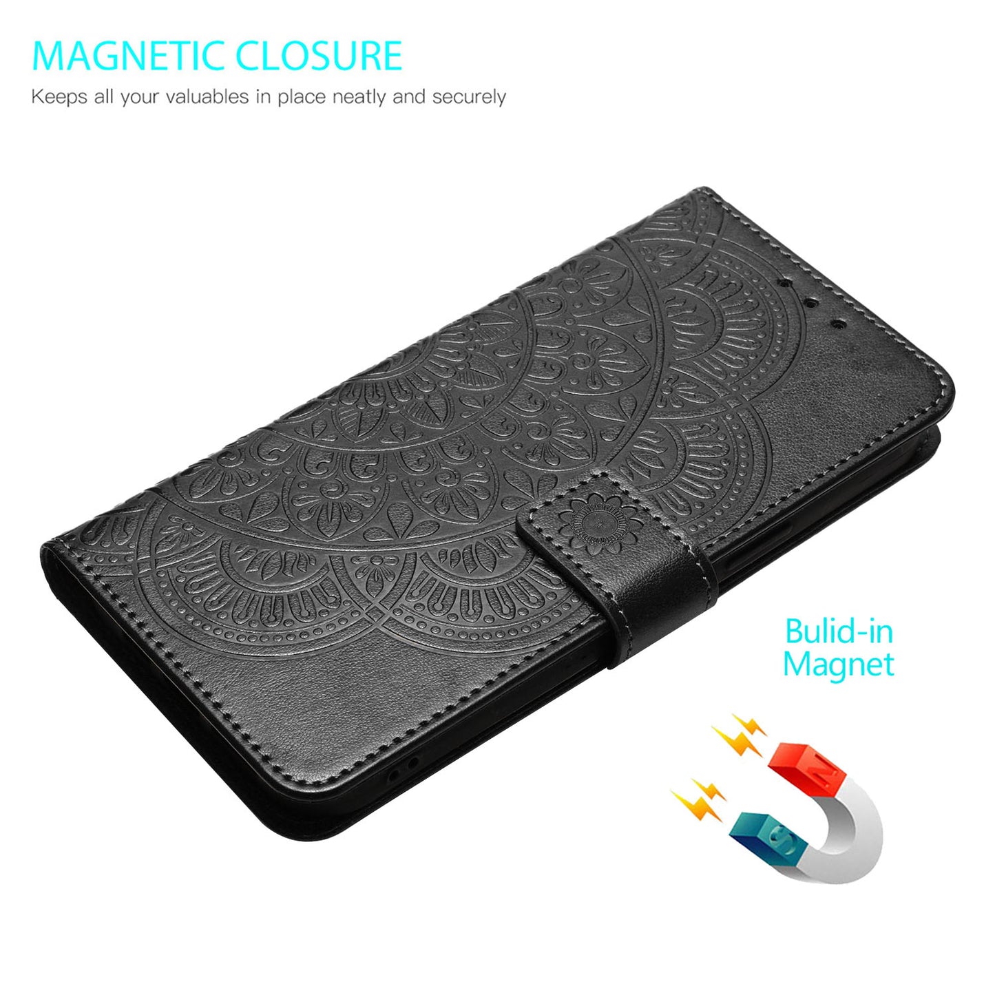 For Samsung Galaxy A06 Leather Case with Card Slots Mandala Pattern Phone Cover Stand - Black