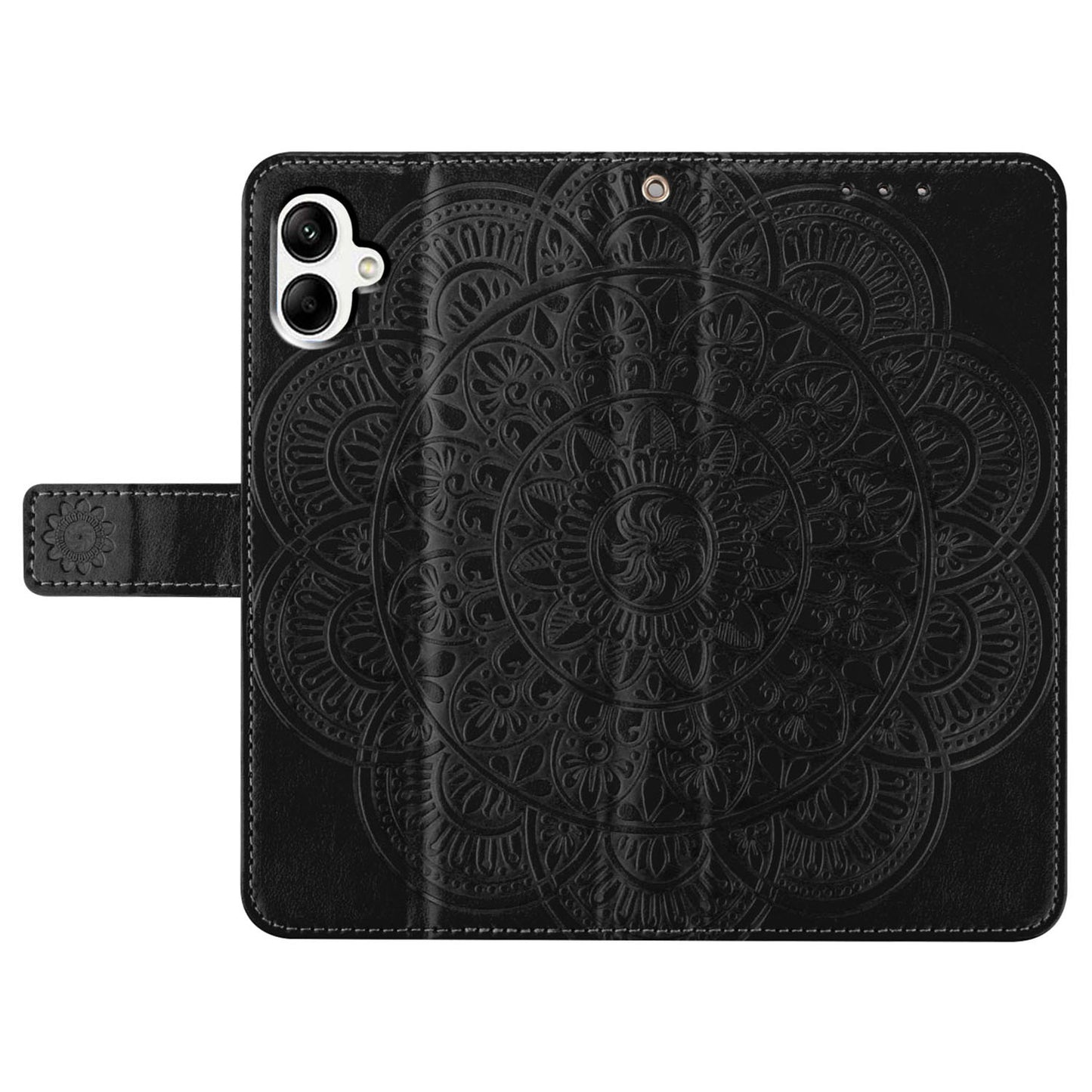 For Samsung Galaxy A06 Leather Case with Card Slots Mandala Pattern Phone Cover Stand - Black