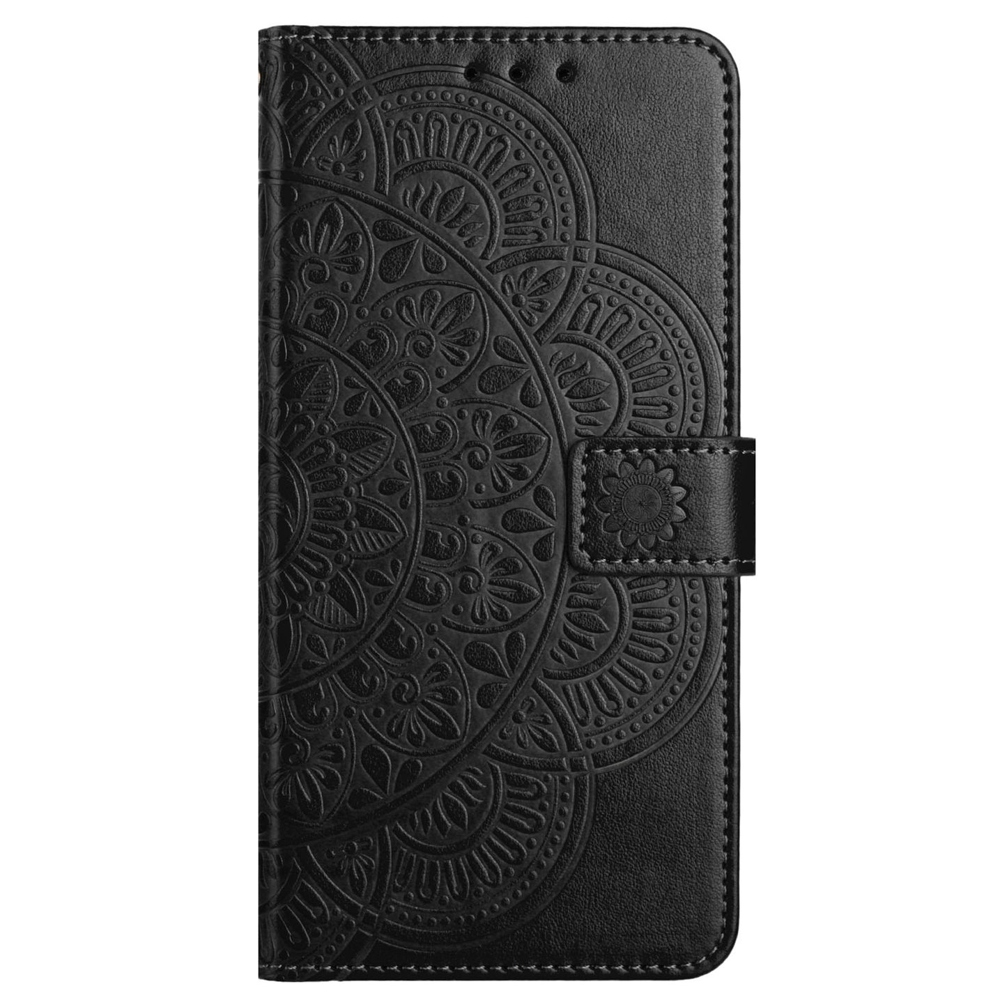 For Samsung Galaxy A06 Leather Case with Card Slots Mandala Pattern Phone Cover Stand - Black