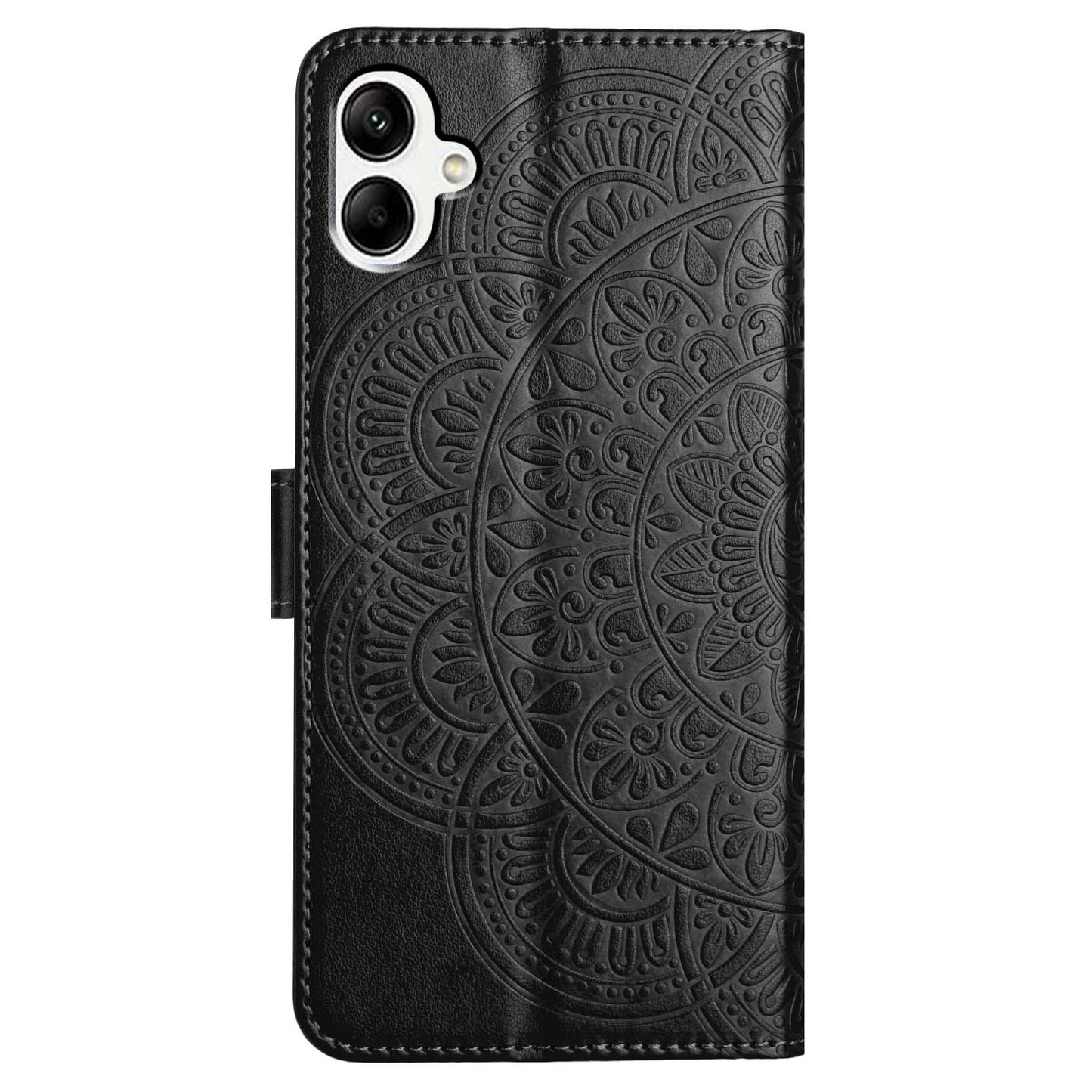 For Samsung Galaxy A06 Leather Case with Card Slots Mandala Pattern Phone Cover Stand - Black