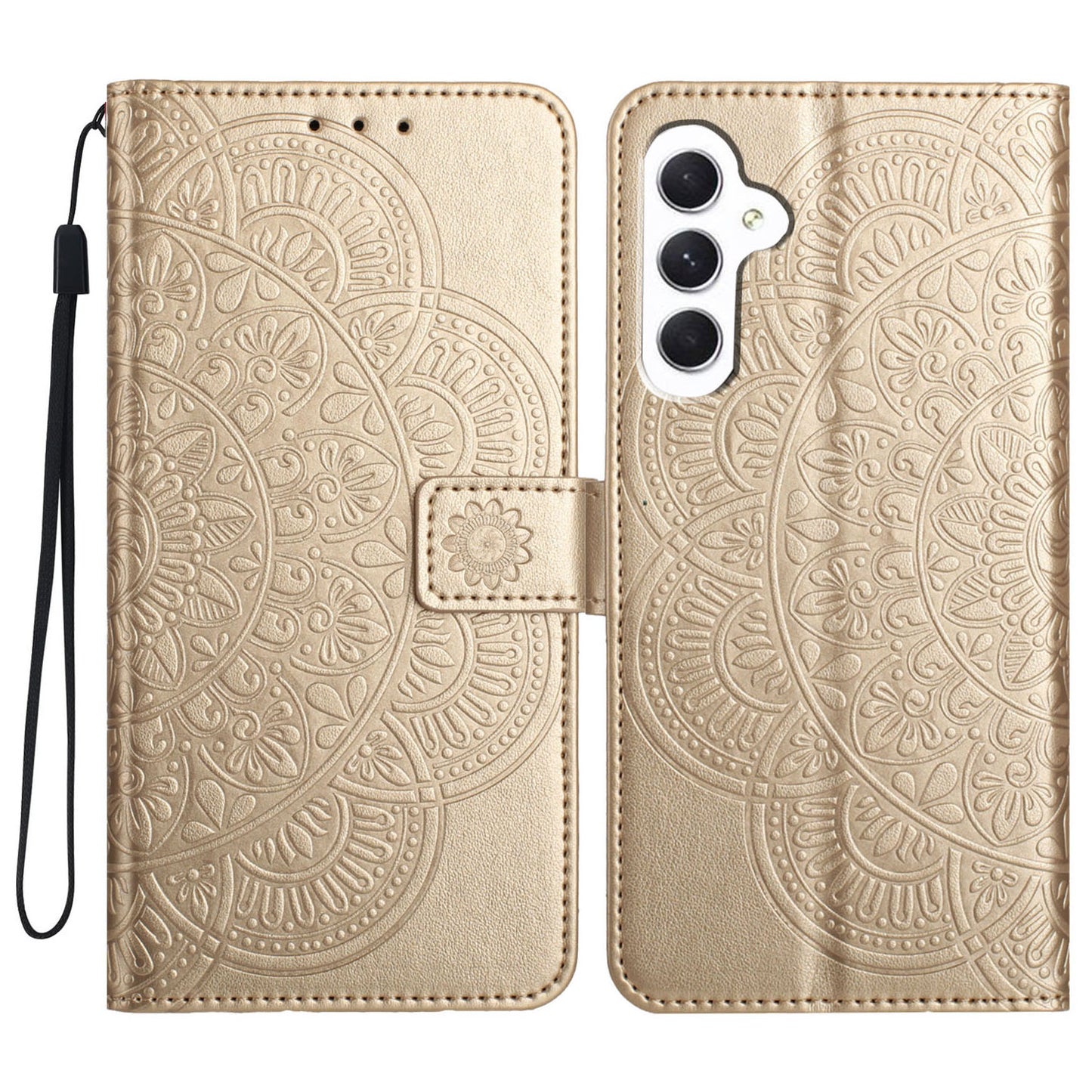 For Samsung Galaxy A16 5G / A16 4G Leather Case with Card Slots Mandala Pattern Phone Cover Stand - Gold