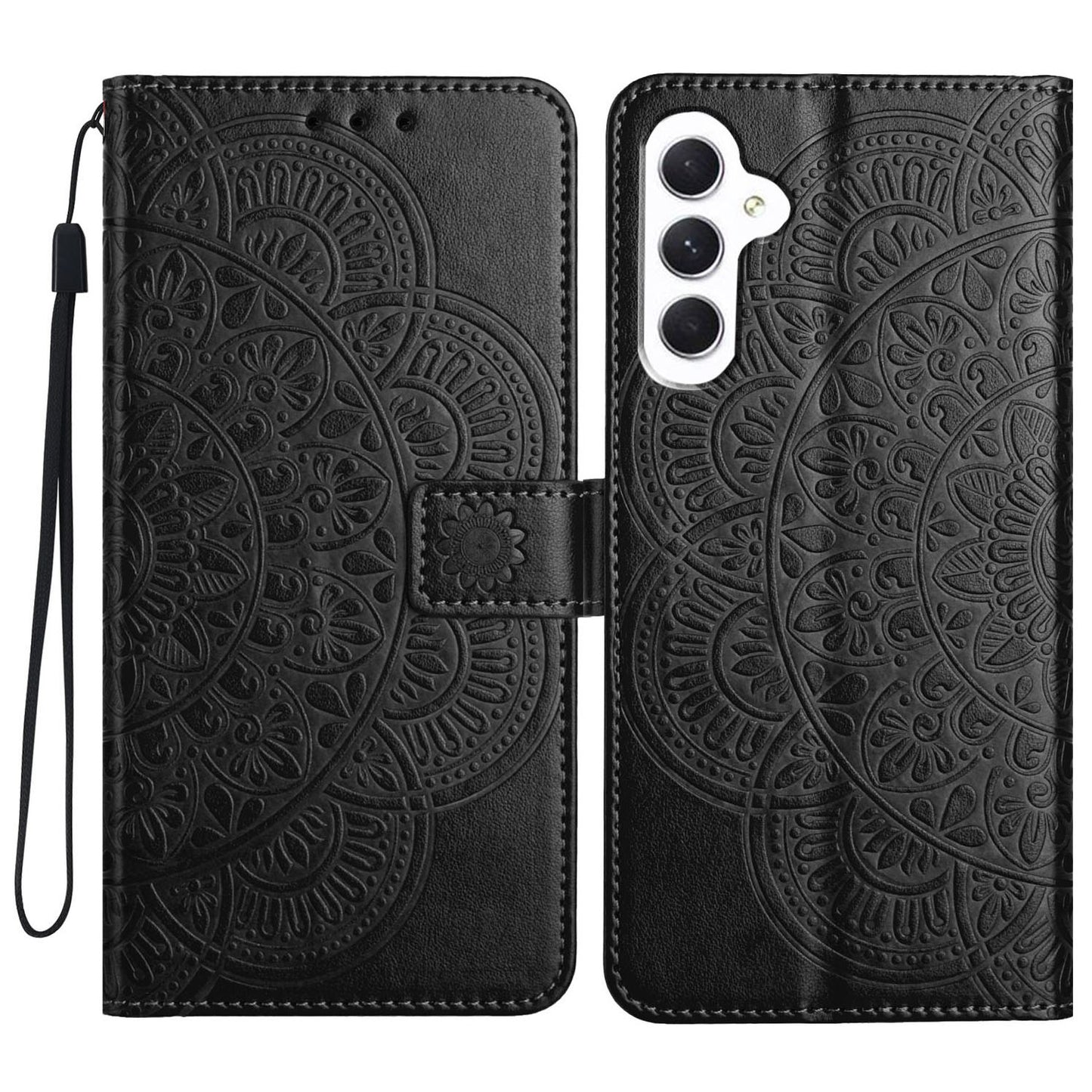 For Samsung Galaxy A16 5G / A16 4G Leather Case with Card Slots Mandala Pattern Phone Cover Stand - Black