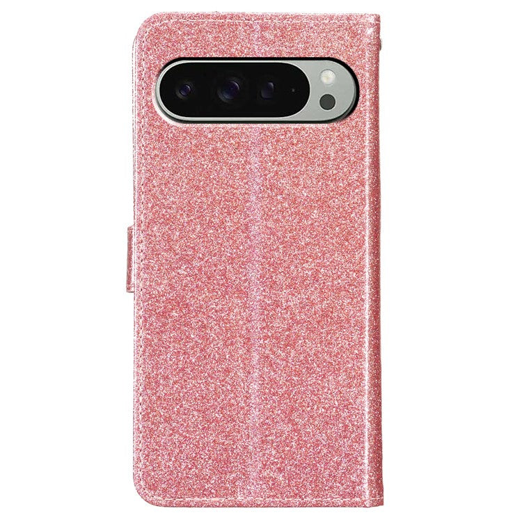For Google Pixel 9 Pro  /  Pixel 9 Wallet Case Glitter Anti-Scratch Leather Phone Cover Stand - Rose Gold