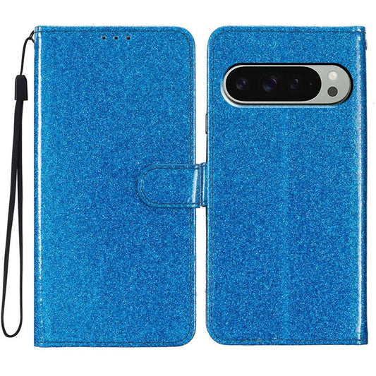 For Google Pixel 9 Pro  /  Pixel 9 Wallet Case Glitter Anti-Scratch Leather Phone Cover Stand - Blue