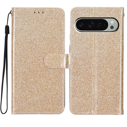 For Google Pixel 9 Pro  /  Pixel 9 Wallet Case Glitter Anti-Scratch Leather Phone Cover Stand - Gold